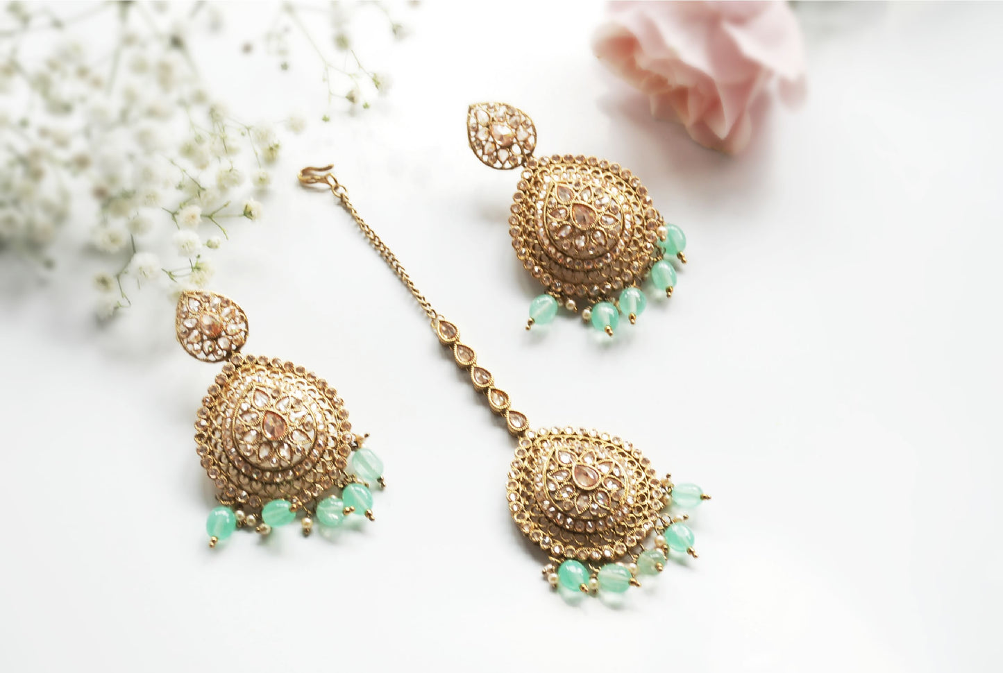 Mint & Muted Gold Earring Tikka Set