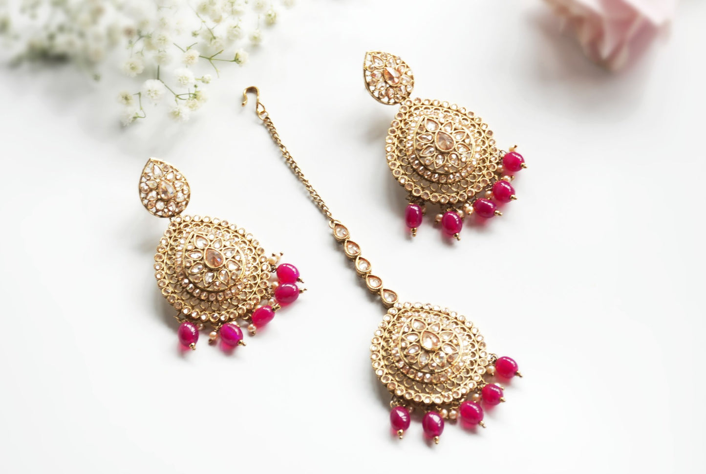 Ruby & Muted Gold Earring Tikka Set