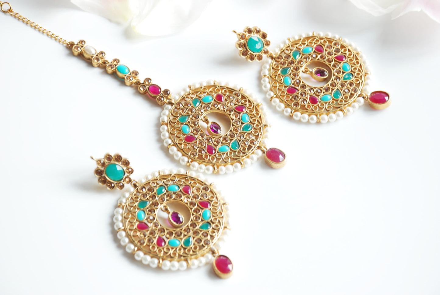 Multi & Muted Gold Earring Tikka Set