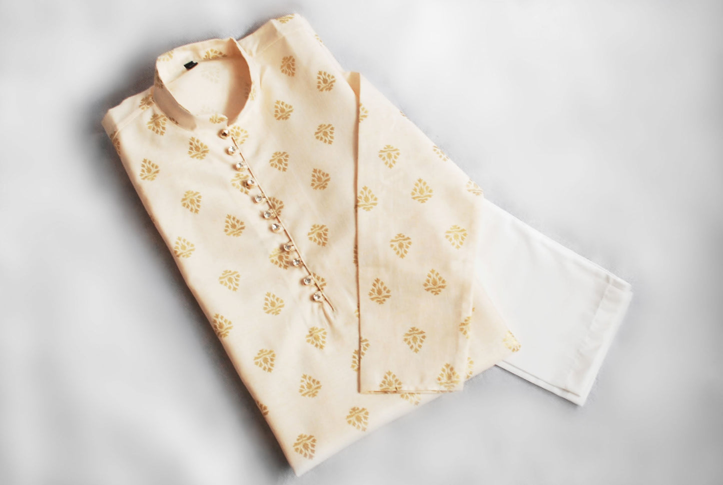 Mens Beige & Gold Block Print Kurta Pajama