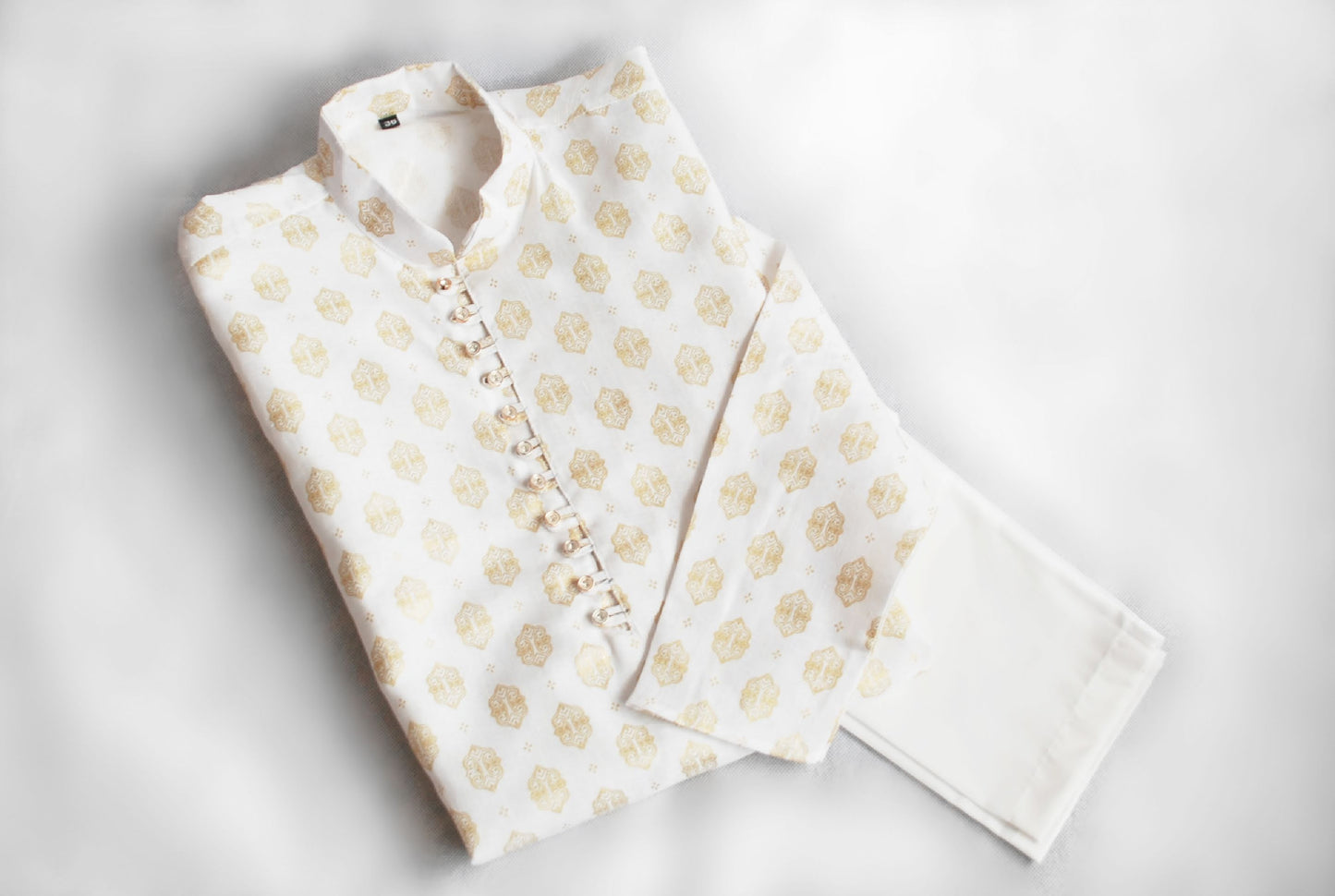 Mens White & Gold Block Print Kurta Pajama