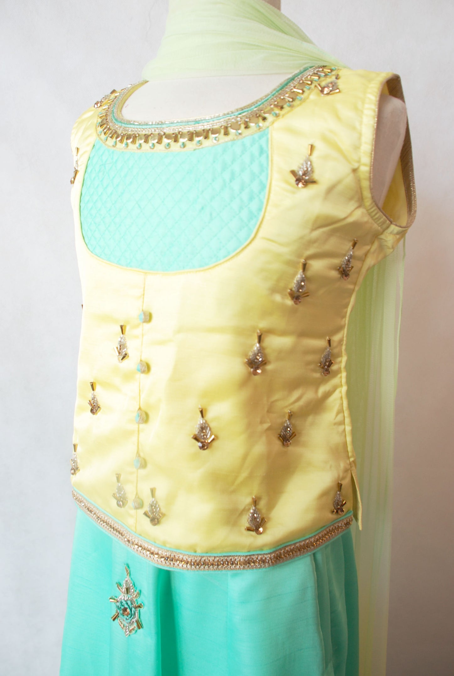 Girls Yellow & Mint Lengha