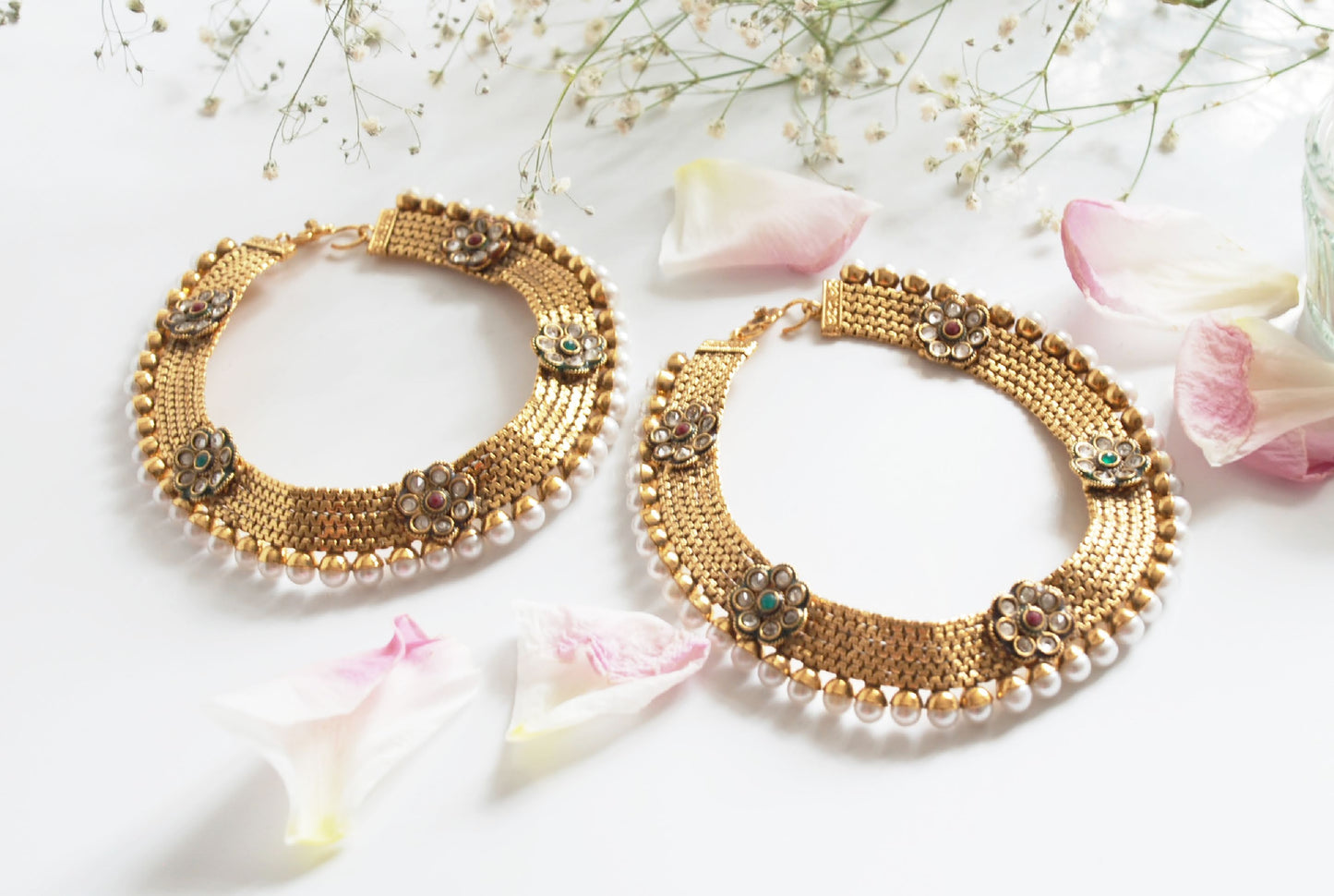 Wide Kundan Bright Gold Anklets